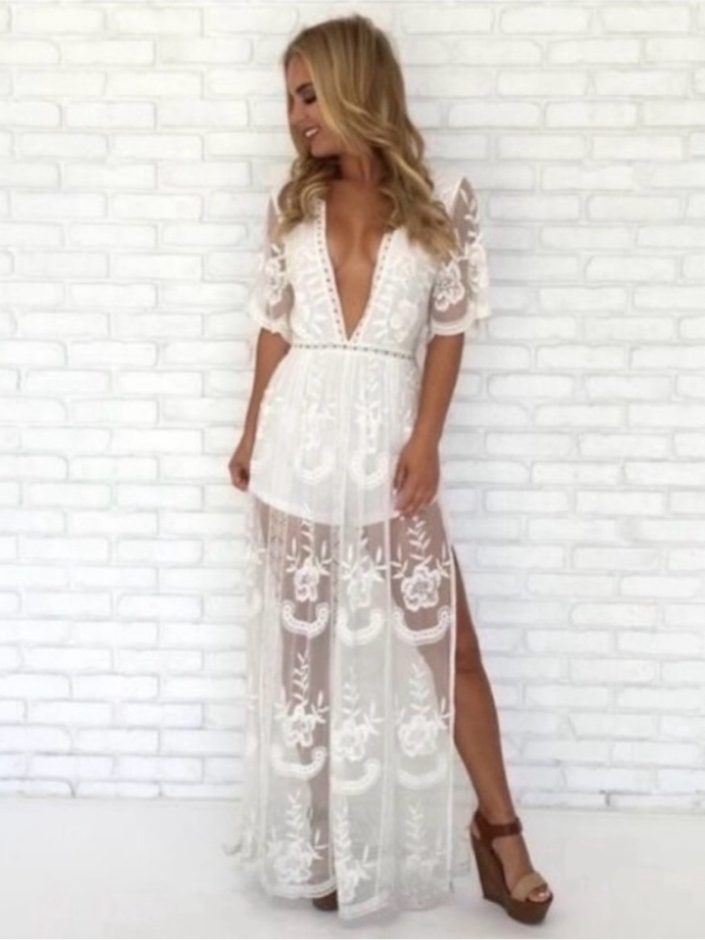Socialite White Sheer Embroidered Deep V Jumpsuit